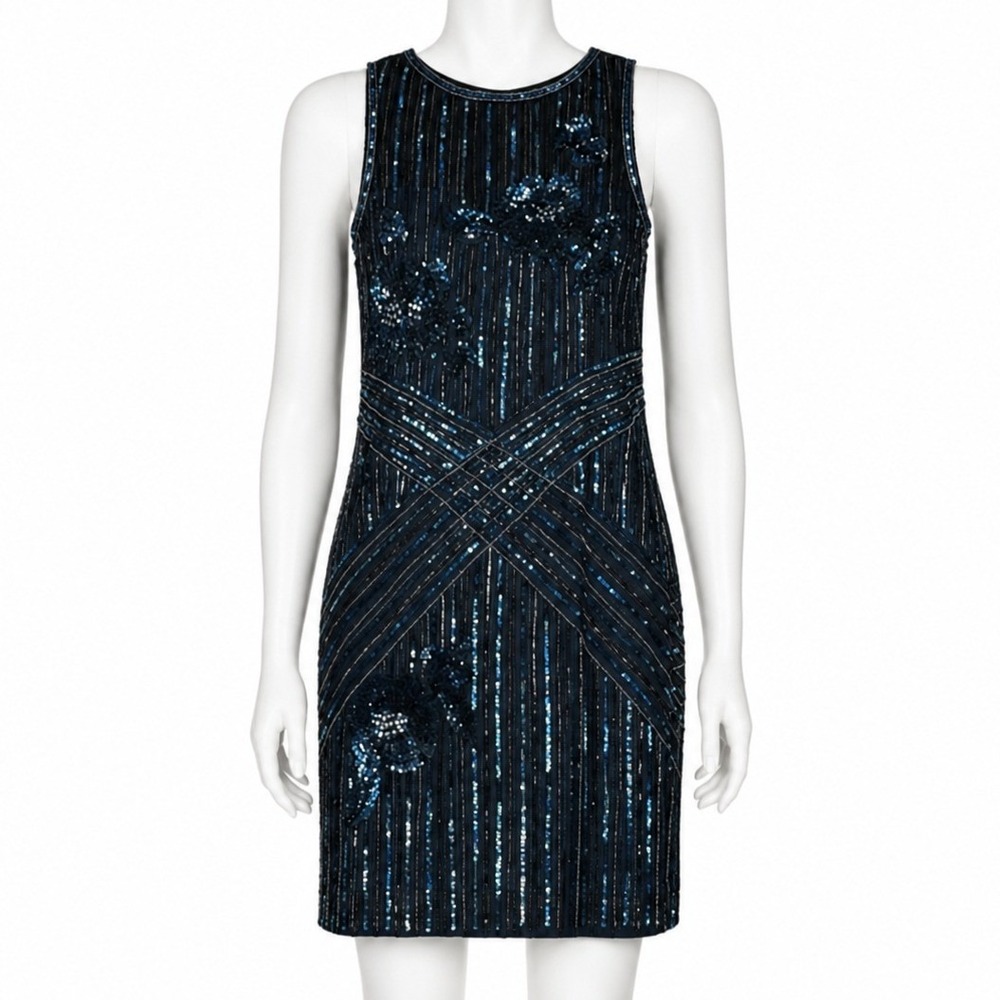 Parker Black Dress Womens 4 Blue‎ Sequin Beaded Floral Art Deco Cocktail Flapper